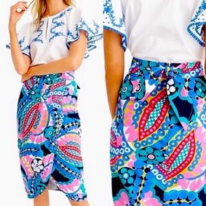 J. Crew Tie Back Tulip Skirt Ratti Kaleidoscope Pink & Blue Floral Pencil Skirt